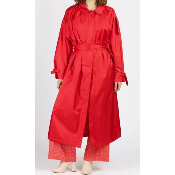 Vintage 80s Paris Sport Club Red Belted Long Nylon Trench Coat Women's 7/8 M - Picture 3 of 16